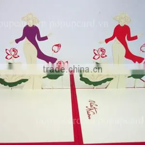 Viet Nam Girl and Lotus Flowers Greeting Pop up Card thumbnail-1