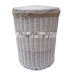 Wholesale Wicker Laundry Basket, Grey Stripe Fabric Lined, White thumbnail-1