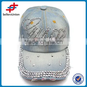 2017 New Product Best Seller Denim With Letter Applique Rhinestone Sport Cap thumbnail-1