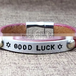 Metal Logo Tag Leather Bracelet Bangle Custom Letter Stamped Charm Leather Bangle Bracelet Promotion Leather Bracelet thumbnail-5