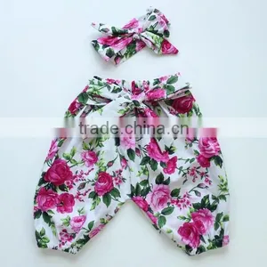 Fashion Kids Cotton Flower Printed Baby Girl Summer Pants With Headband thumbnail-1