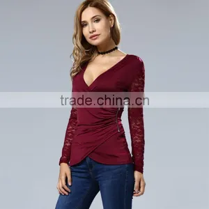 Clothes Woman Fashion Long Bell Sleeve Deep V Neck Lace Blouse 2017 thumbnail-1
