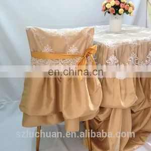 Champagne Satin and Lace Banquet Gathered Table Skirts thumbnail-6
