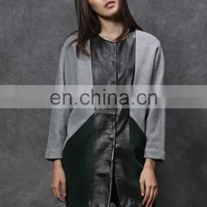 Wool Coat With Leather Patchwork Design for Women thumbnail-3