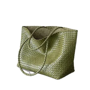 Retro Handwoven Basket Bag Beach op Handbag Soft Handle Artistic Sle Casual ex Basket Ape Mid Size Stripe Pattern thumbnail-5