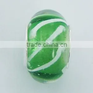 Lime Green White Stripes Transparent Murano Glass Bead thumbnail-1
