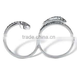 Silvertone Pave Black Spinel and Cubic Zirconia Coiling Two-Finger Snake Ring thumbnail-2