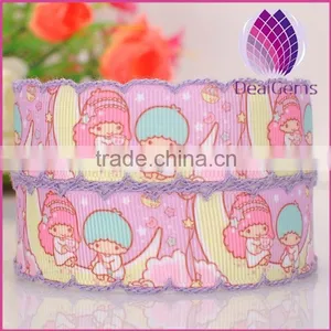 Pink Color 25mm Width Cartoon Pattern Satin Ribbon With Lacework thumbnail-1