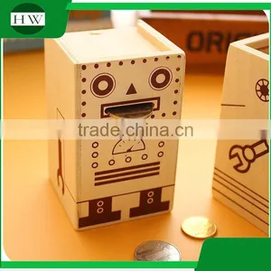 Multipurpose Wooden Cartoon Robot Piggy Bank Coin Penholder Storage Pen Container Case Box Holder thumbnail-5
