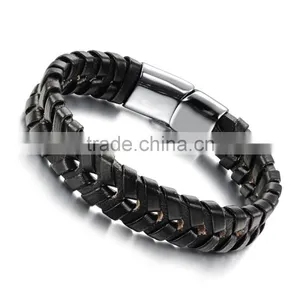 Custom Handmade Bracelet for Men Braided Black Leather Flat Bracelet thumbnail-1
