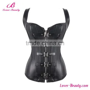 Black Faux Leather 12 Steel Boned Slimming Waist Corset Busk thumbnail-1