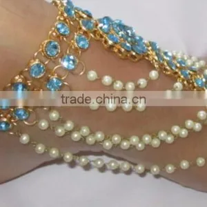 GOLD Tone TURQUOISE BLUE STONE Pearl PAYAL Anklets Toe Ring Barefoot Sandal thumbnail-1