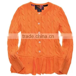 Latest Children Girls Cable Knit Ruffle Buttom Down Long Cardigan Sweater thumbnail-2
