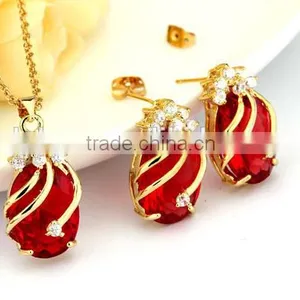 Copper Gemstone Fashion Jewelry Sets,Drop Earrings Crystal Pendant Necklace Bridal Jewelry Set (Red,Green,Blue,Purple and Black) thumbnail-4