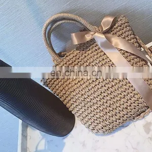 New Hand Knit Straw Handbag Bucket Shoulder Bag for Women thumbnail-1