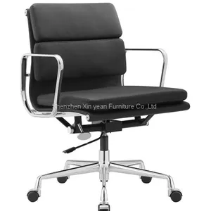 Soft Pad Chair EA 208 Eames Office Chair With Wheels 5 Castors in Genuine Leather Grey Eames Style Office Chair thumbnail-3