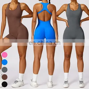 Sexy Hollow Out Back Sleeveless Bodysuit Short Sports Jumpsuit One Piece Gym Fitness Jumpsuits Seamless Yoga Jumpsuit For Women thumbnail-1