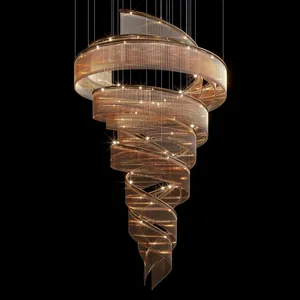 Spiral Staircase Crystal Chandelier Gold Frame Large Custom Hotel Installation thumbnail-2