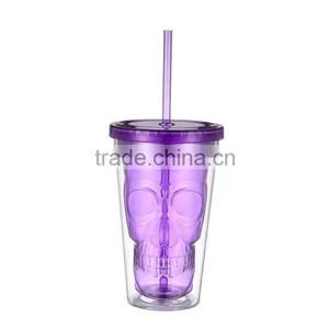 16oz Purple and Red Color Skull Plastic Double Wall Tumbler With Lid and Straw thumbnail-1