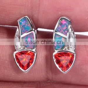 925 Sterling Silver Young Girl Triangle Opal Earring Red Ruby Stone Earring thumbnail-2