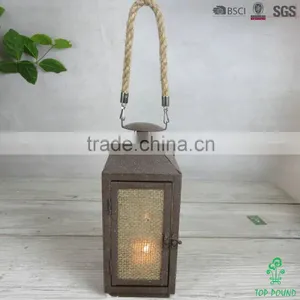 Square Rusty Metal Lantern With Jute Cloth and Jute Rope for Candle thumbnail-1