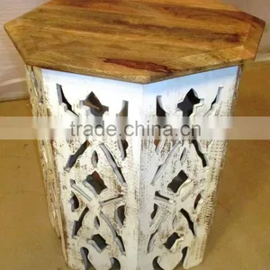 Natural Finish Carved Round Wooden Stool thumbnail-1