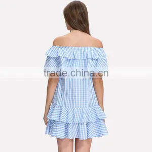 Off Shoulder Design Woman Summer Fashion Striped Blue Short Falbala Dress thumbnail-5