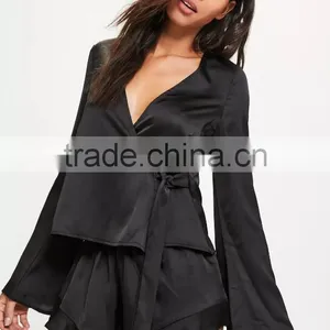 Women V Neck Wrap Pajamas With Private Label Black Long Sleeve Satin Pyjamas Set With Frilled Shorts thumbnail-5