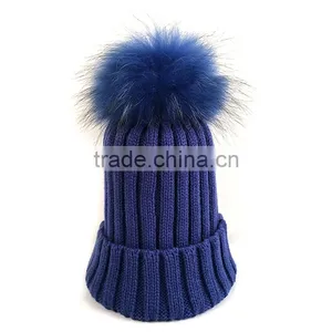 Myfur Winter Warm Couple Hat With Genuine Raccoon Fur Bobble Knit Hat thumbnail-1
