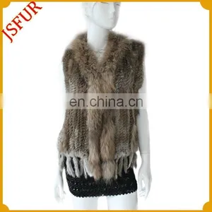 2014 Fashion Women's Knitted Rabbit Fur Vest With Raccoon Fur Trim Rabbit Fur Vest thumbnail-1