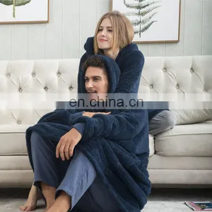 Indoor Bedroom Sleep Navy Soft Material Durable Wearable Hoodie Sherpa Oversized Blanket thumbnail-1