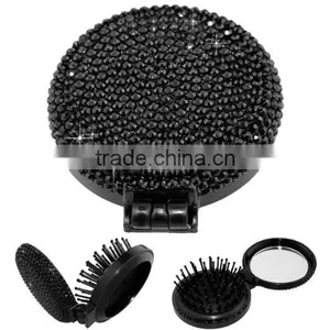 2-in-1 Bling Bling Folding Makeup Mirror With Massaging Hair Brush thumbnail-1