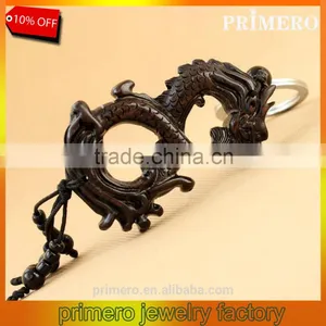 Chinese Loong Ebony Wood Men Gift Black Bag Key Ring Carved Dragon Wooden Keychain thumbnail-1