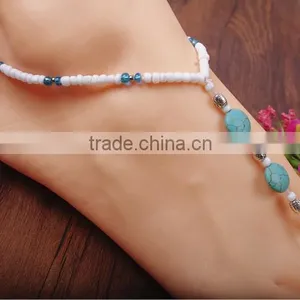 Gemstone Turquoise Beads Pearl Barefoot Beach Sandals Bridal Diamante Anklet thumbnail-2