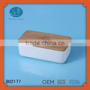 Ceramic Butter Bowl Wooden Lid,food Container Lunch Box Storage Box for Food,ceceramic Bento Box With Wood Lid thumbnail-1