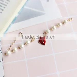 Cupid Arrow Love Bracelet Gold Arrow Red Enamel Cross Heart Charms Pearl Bead Link Bracelet thumbnail-3