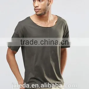 Men Cheap Plain Boat Neck Longline Army Green T-shirt Wholesale thumbnail-4