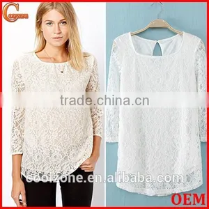 Elegant White Basic Woman Blouse Fashion Sheer Crochet Lace Blouse 2015 thumbnail-1