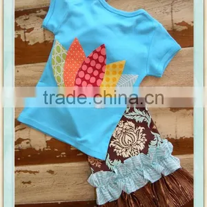 Turkey Tail Set Double Ruffle Pants and Turkey Top Long or Short Slvd Applique Blue Shirt & Floral Ruffle Pant Set 2016 thumbnail-4