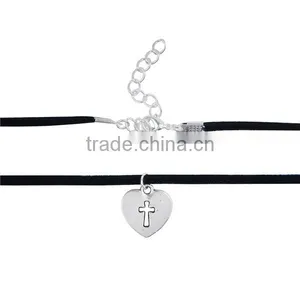 Antique Silver Black Heart Cross 33.5cm Long Velvet Suede Halloween Choker Necklace thumbnail-2