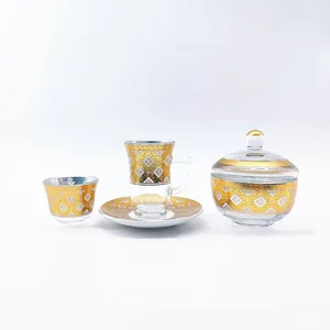 Gold Color 6 Pcs Cawa Cup of Clear Glass Arabic Tea Cup Sets thumbnail-1