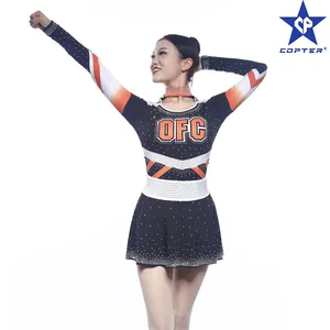 China Factory OEM Cheer Costumes Custom Rhinestones Long Sleeve Cheerleading Uniforms For Women thumbnail-2