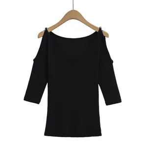 Summer New Fashionable Casual V-neck off Shoulder Design Slim Fit Top Solid Color Mid Sleeve T-shirt thumbnail-2