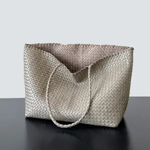 Retro Handwoven Basket Bag Beach op Handbag Soft Handle Artistic Sle Casual ex Basket Ape Mid Size Stripe Pattern thumbnail-4