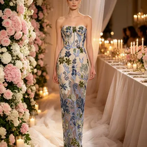 Evening Gown, Socialite Strapless Mesh Floral Embroidered Long Dress, Banquet Party Dress thumbnail-1