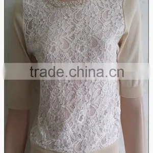 2015 Women Knitting Ladies' Blouse Short Sleeve Beaded Round Neck Pullover With Lace Patchwork thumbnail-4