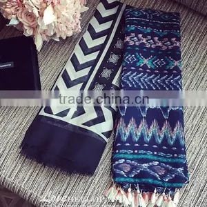 Tassel Aztec Scarf, Blue Scarf Chevron Scarf, Boho Native Southwestern Cotton Scarf, Print Scarf thumbnail-1