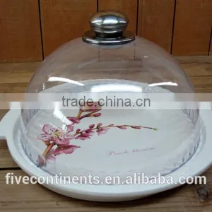 Peach Flower Decal Ceramic Round Cake Plate With Plastic Cover thumbnail-1