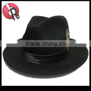 Mens Hat 100% Wool Wide Round Brim Fedora Cap Satin Feather Band Black thumbnail-1