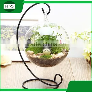 Home Goods Decorative Hanging Slanted Clear Round Glass Decoration Bonsai Vase With Metal Stand thumbnail-2